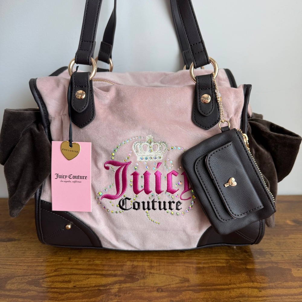 New Juicy Couture Dreamy Pink Brown Tote Shoulder Handbag Y2K Bows Cute Pink